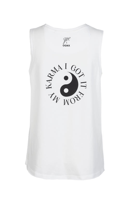 | color:weiß | Yoga Athletic Tank I Got It From My Karma by Angélique Poulain Bio Baumwolle Tencel™ Tara |108 print | yoga damen tank top nachhaltig
