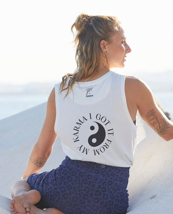 Yoga Athletic Tank I Got It From My Karma by Angélique Poulain organic cotton Tencel™ Tara - white | color:weiß | Yoga Athletic Tank I Got It From My Karma by Angélique Poulain Bio Baumwolle Tencel™ Tara |108 print | yoga damen tank top nachhaltig