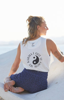 Yoga Athletic Tank I Got It From My Karma by Angélique Poulain organic cotton Tencel™ Tara - white | color:weiß | Yoga Athletic Tank I Got It From My Karma by Angélique Poulain Bio Baumwolle Tencel™ Tara |108 print | yoga damen tank top nachhaltig