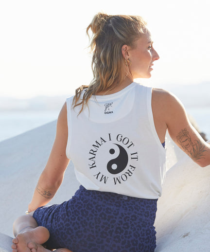 Yoga Athletic Tank I Got It From My Karma by Angélique Poulain organic cotton Tencel™ Tara - white | color:weiß | Yoga Athletic Tank I Got It From My Karma by Angélique Poulain Bio Baumwolle Tencel™ Tara |108 print | yoga damen tank top nachhaltig