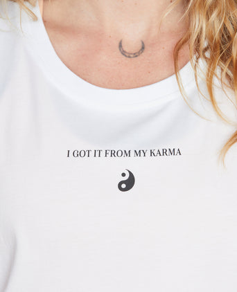 Yoga Athletic Tank I Got It From My Karma by Angélique Poulain organic cotton Tencel™ Tara - white | color:weiß | Yoga Athletic Tank I Got It From My Karma by Angélique Poulain Bio Baumwolle Tencel™ Tara |108 print | yoga damen tank top nachhaltig