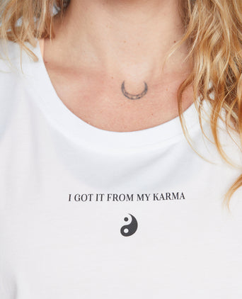 Yoga Athletic Tank I Got It From My Karma by Angélique Poulain Bio Baumwolle Tencel™ Tara - weiß | color:weiß | Yoga Athletic Tank I Got It From My Karma by Angélique Poulain Bio Baumwolle Tencel™ Tara |108 print | yoga damen tank top nachhaltig