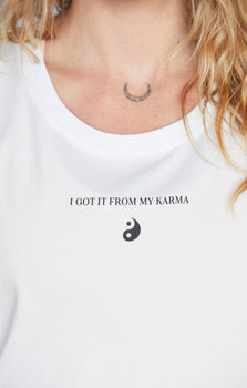 Yoga Athletic Tank I Got It From My Karma by Angélique Poulain organic cotton Tencel™ Tara - white | color:weiß | Yoga Athletic Tank I Got It From My Karma by Angélique Poulain Bio Baumwolle Tencel™ Tara |108 print | yoga damen tank top nachhaltig