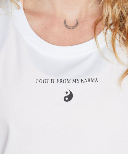 Yoga Athletic Tank I Got It From My Karma by Angélique Poulain organic cotton Tencel™ Tara - white | color:weiß | Yoga Athletic Tank I Got It From My Karma by Angélique Poulain Bio Baumwolle Tencel™ Tara |108 print | yoga damen tank top nachhaltig