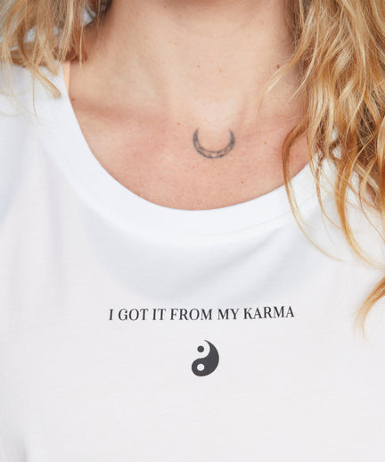 Yoga Athletic Tank I Got It From My Karma by Angélique Poulain Bio Baumwolle Tencel™ Tara - weiß | color:weiß | Yoga Athletic Tank I Got It From My Karma by Angélique Poulain Bio Baumwolle Tencel™ Tara |108 print | yoga damen tank top nachhaltig