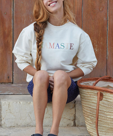 Yoga Boxy Sweater Namaste organic cotton Philia - white | color:weiß | yoga damen boxy sweatshirt namaste philia | bio baumwolle | sweatshirt namaste stick | yoga damen pullover nachhaltig