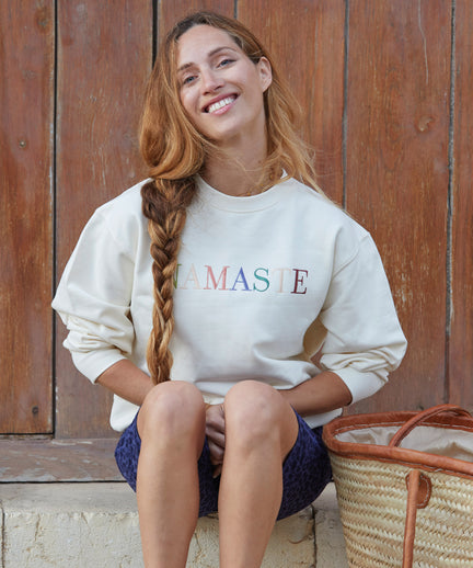 Yoga Boxy Sweater Namaste Bio Baumwolle Philia - weiß | color:weiß | yoga damen boxy sweatshirt namaste philia | bio baumwolle | sweatshirt namaste stick | yoga damen pullover nachhaltig