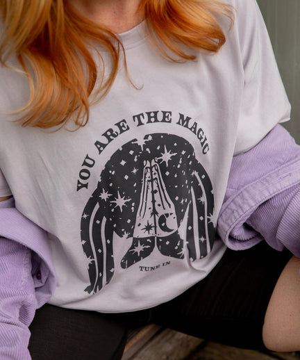 Yoga Boxy T-Shirt You Are The Magic by Nuri Rodríguez Organic Cotton Tencel™ Sora - purple | color:lila | yoga damen boxy t-shirt sora 108 | bio baumwolle tencel | t-shirt 108 nuri rodríguez you are the magic | yoga damen t-shirt nachhaltig