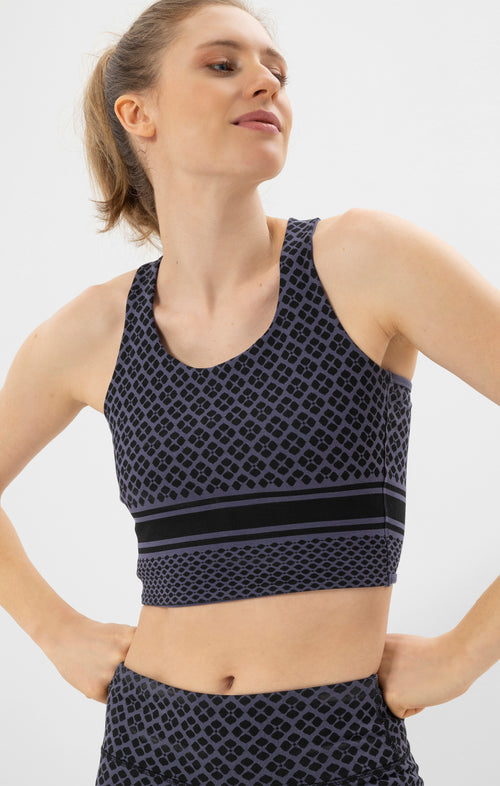 | color:blau | yoga damen mosaik long bh cali | tencel bio baumwolle | bra mosaik print | yoga damen bh nachhaltig