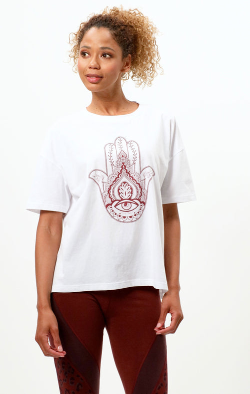 | color:weiß |yoga tshirt hamsa hand weiß bio baumwolle