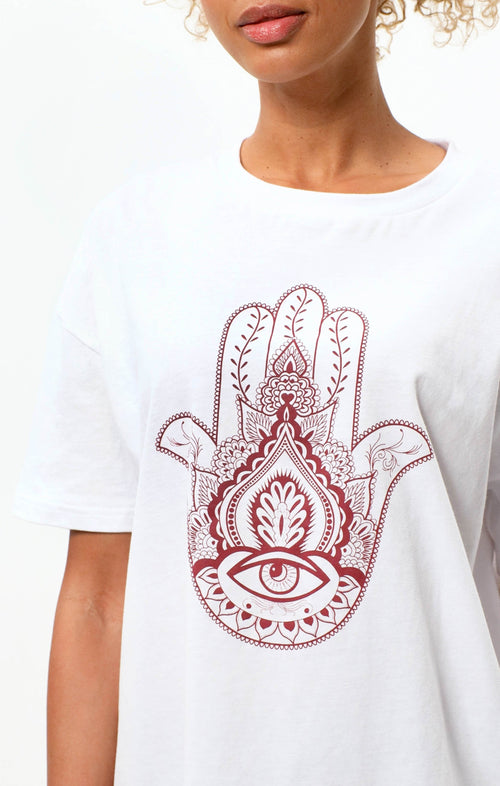 | color:weiß |yoga tshirt hamsa hand weiß bio baumwolle