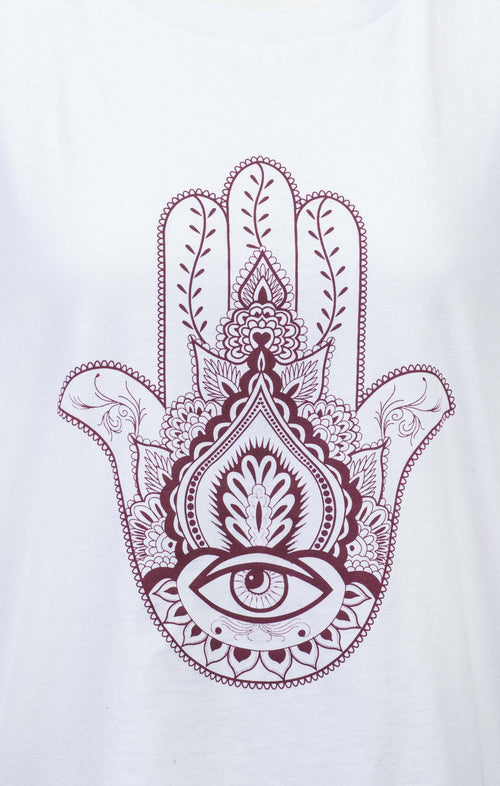 | color:weiß |yoga tshirt hamsa hand weiß bio baumwolle