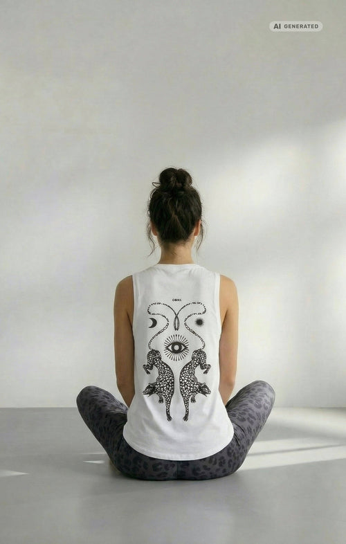Yoga Athletic Tank 2.0 Cosmic Leopard Bio Baumwolle Tencel™ Tara - weiß – AI GENERATED / KI-GENERIERT