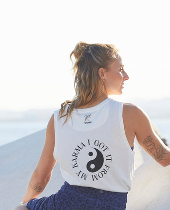 | color:weiß | Yoga Athletic Tank I Got It From My Karma by Angélique Poulain Bio Baumwolle Tencel™ Tara |108 print | yoga damen tank top nachhaltig