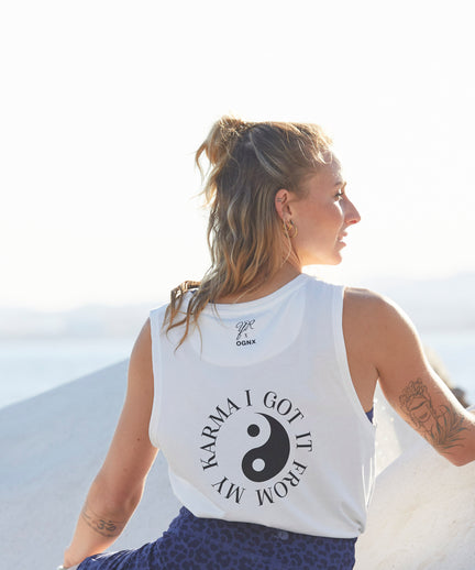 | color:weiß | Yoga Athletic Tank I Got It From My Karma by Angélique Poulain Bio Baumwolle Tencel™ Tara |108 print | yoga damen tank top nachhaltig