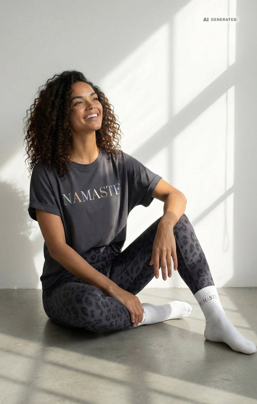 Yoga Boxy T-Shirt Namaste Bio Baumwolle Tencel™ Sora - grau – AI GENERATED / KI-GENERIERT