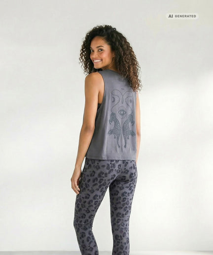 Yoga Boxy Tank Cosmic Leopard Bio Baumwolle Tencel™ Tula - grau – AI GENERATED / KI-GENERIERT