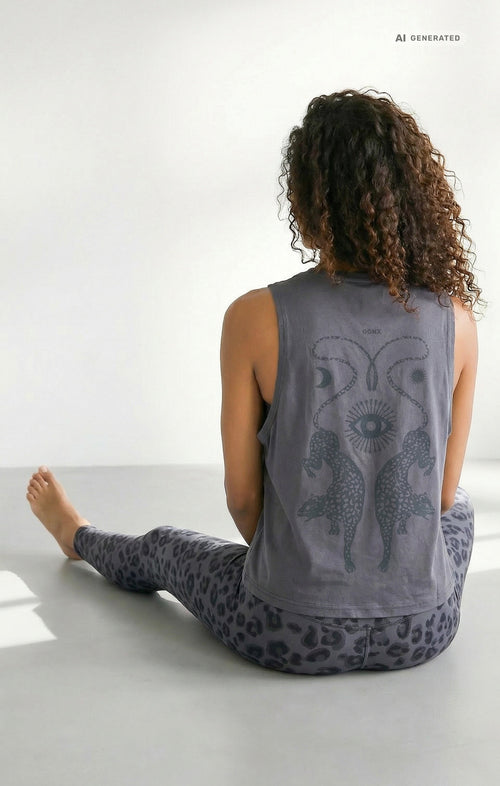 Yoga Boxy Tank Cosmic Leopard Bio Baumwolle Tencel™ Tula - grau – AI GENERATED / KI-GENERIERT