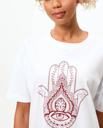 | color:weiß |yoga tshirt hamsa hand weiß bio baumwolle